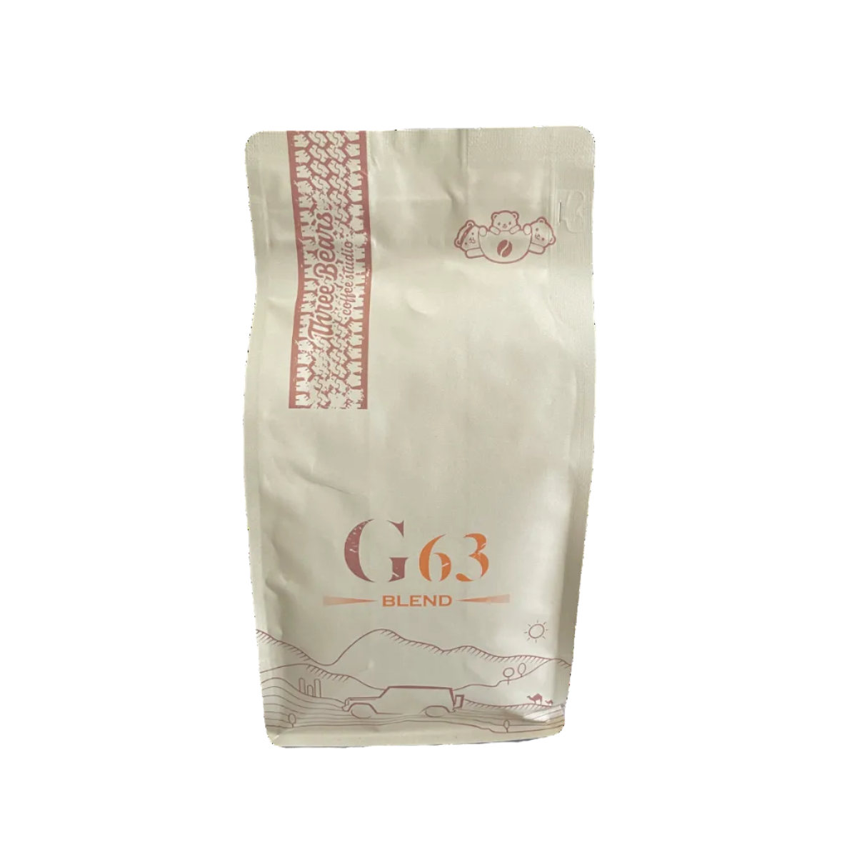 Coffee bag labeled 'G63 Blend' on a white background