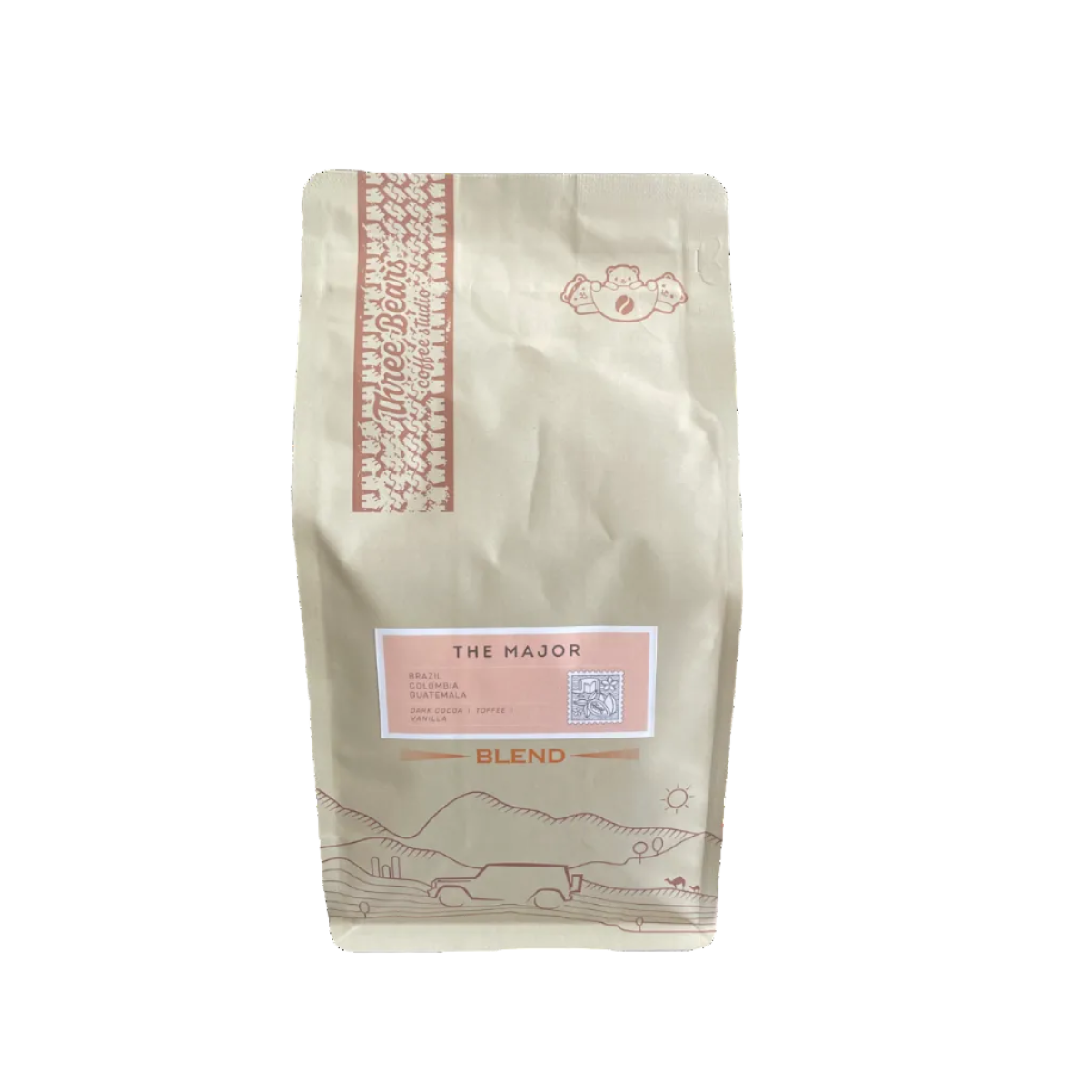 Coffee bag labeled 'The Major Blend' on a white background